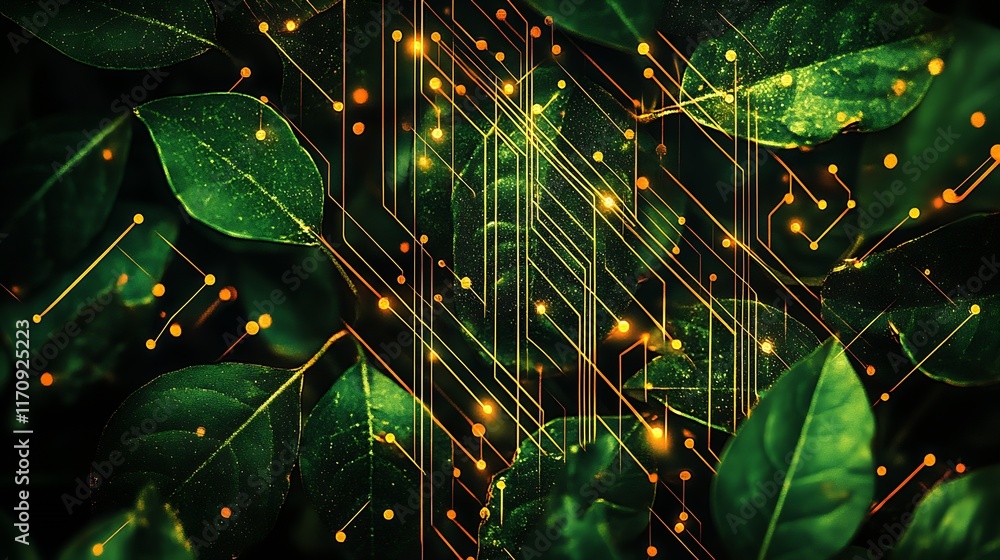 Poster Futuristic Digital Network Integration with Green Leaf Background for Technology Concept : Generative AI