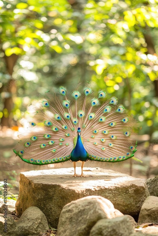 Poster a vibrant peacock displaying its colorful feathers in a natural setting.