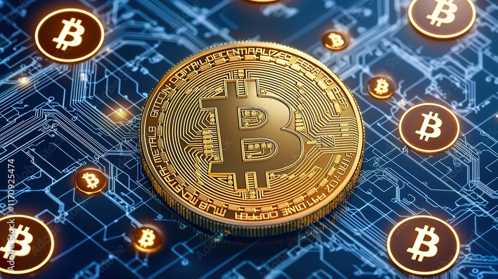 Poster a golden bitcoin sits prominently on a digital circuit background, symbolizing cryptocurrency and bl