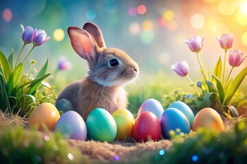 Fototapeta premium Happy Easter: Double Exposure of Playful Bunny & Colorful Eggs