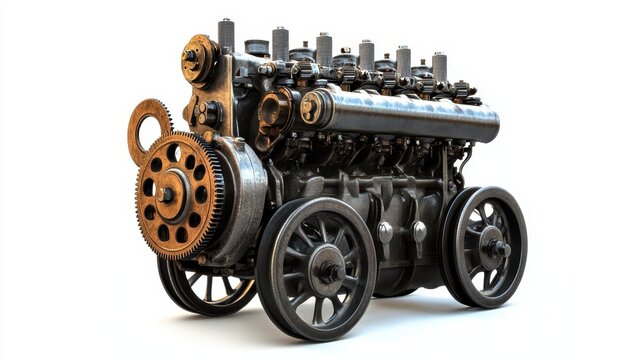 A vintage industrial engine with exposed gears, pistons, and cogs, representing the enduring power of old-world machinery and engineering.