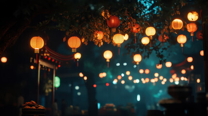 Illuminated Lanterns in a Nighttime Festival Setting Under Lush Green Trees