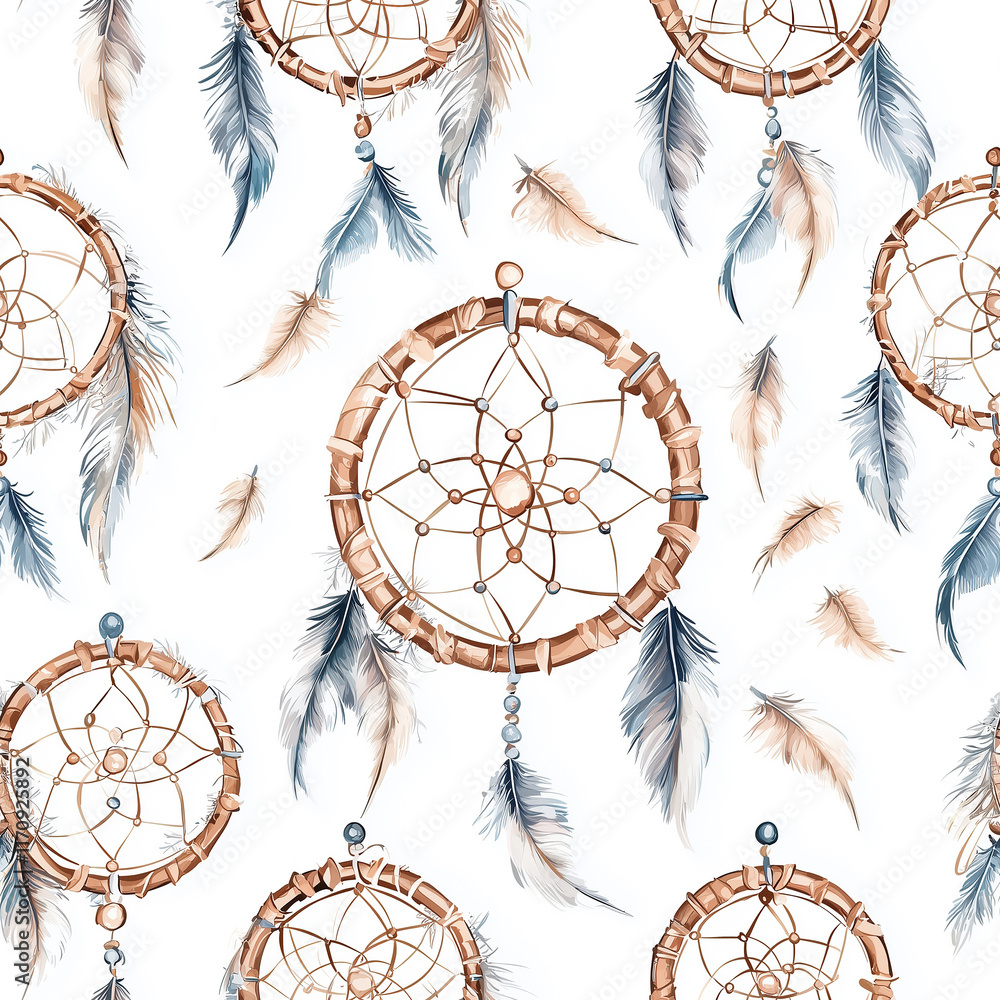 Poster dreamcatcher design featuring intricate patterns and feathers on a white background, creating a sere