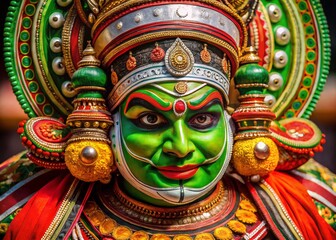 Fototapeta premium Intricate Kathakali Mask, South Indian Classical Dance, Traditional Headpiece, Colorful Face Paint, Cultural Heritage
