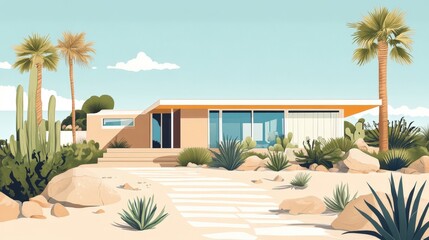 Fototapeta premium Modern Desert House Amidst Lush Landscaping