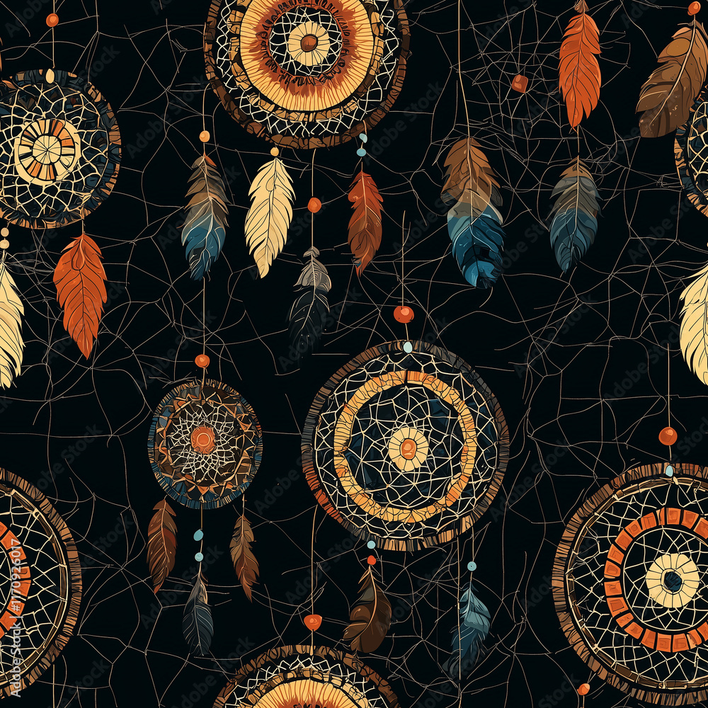 Poster colorful dreamcatchers with feathers are set against a dark background, creating a mystical and arti