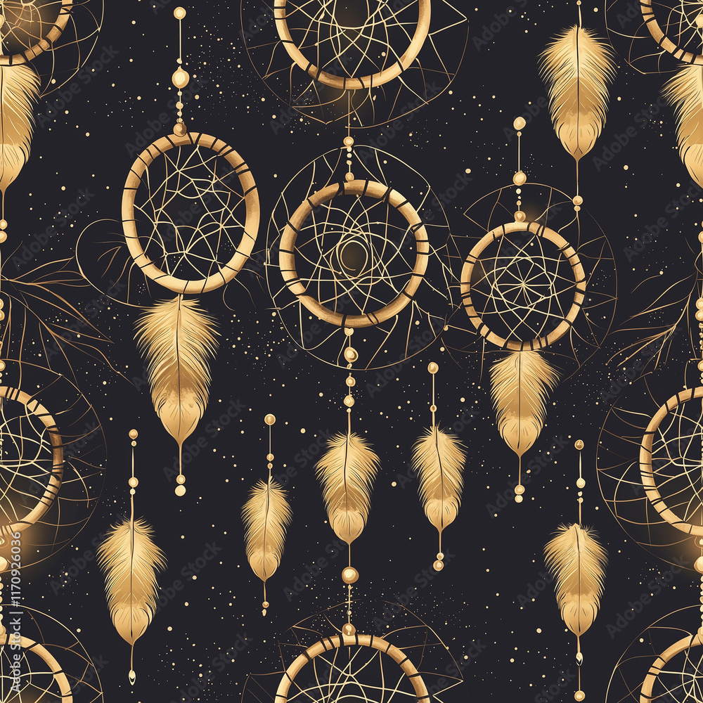 Poster golden dreamcatchers with feathers against a dark background, creating a mystical and artistic patte