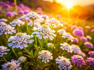 Iberis attica Wildflower Meadow in Greece:  Close-up Documentary Photography
