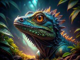 Obraz premium Hyperrealistic Basilisk with Glowing Eyes - Dramatic Fantasy Creature Stock Photo