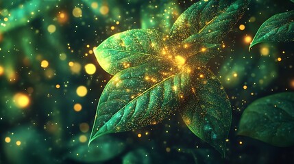Enchanting Green Leaf with Golden Light Particles and Magical Glow in Forest Scene : Generative AI