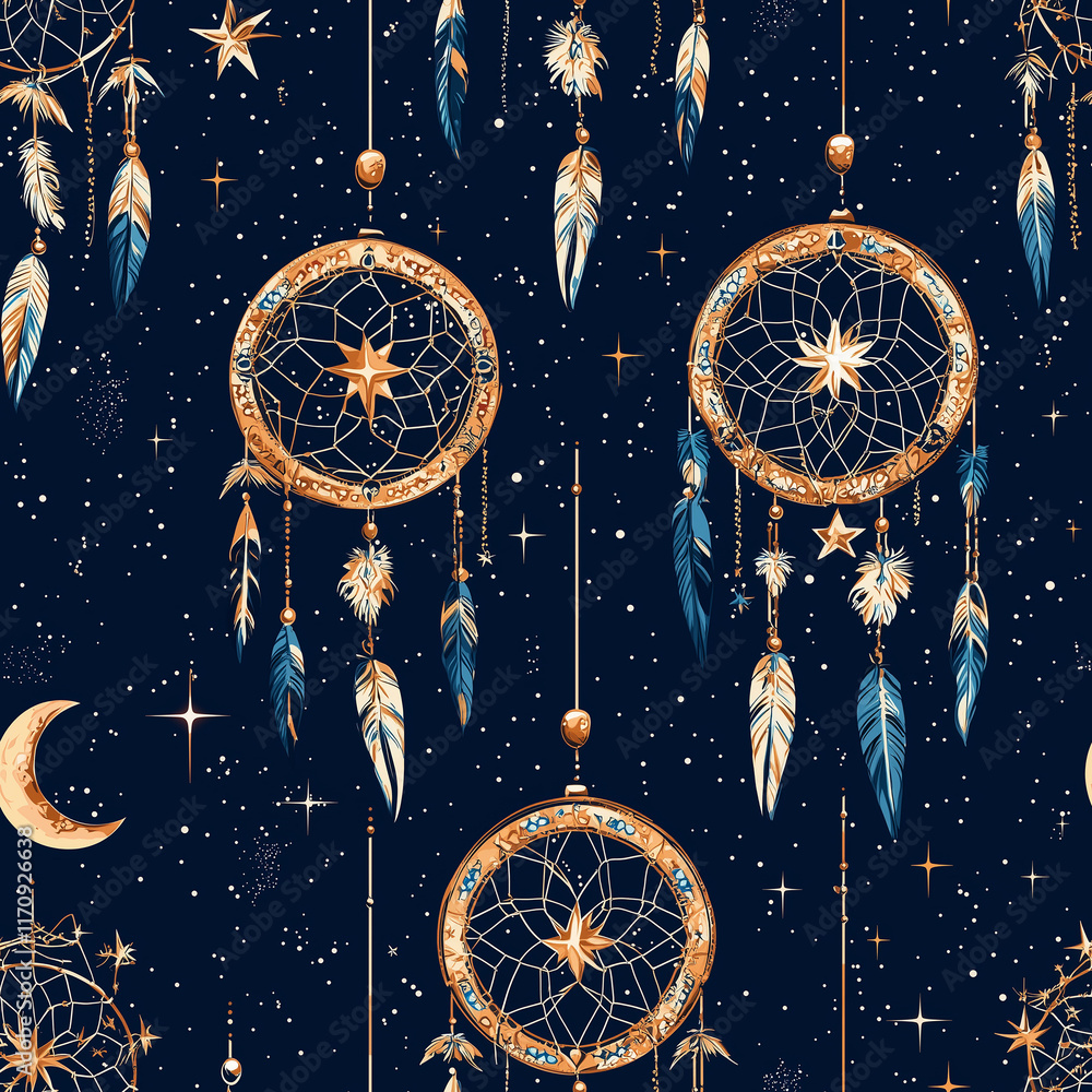 Poster dreamcatchers and celestial elements against a dark starry background, creating a mystical and encha