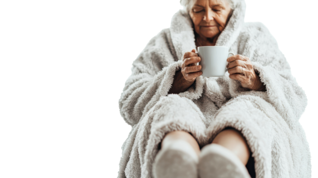 An elderly woman in a cozy fluffy bathrobe enjoying a peaceful moment at home, perfect for wellness and self-care concepts in lifestyle imagery.. - Powered by Adobe