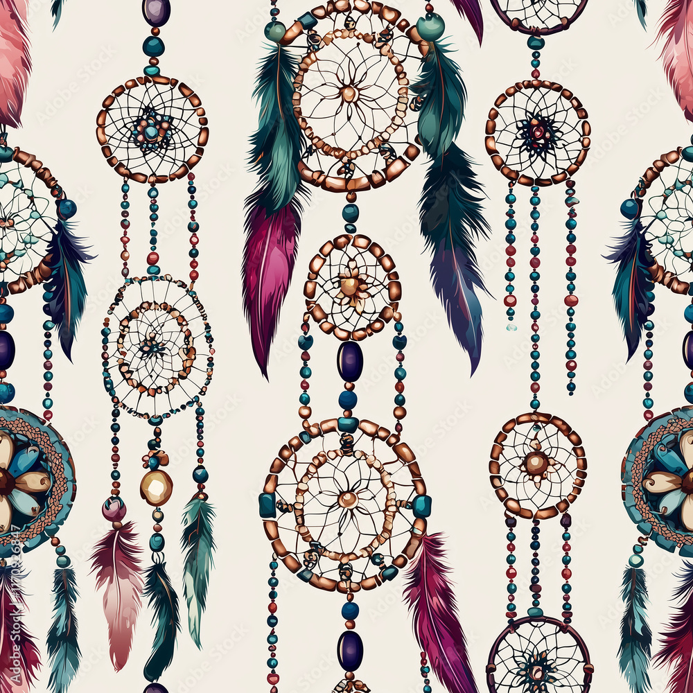 Poster colorful dreamcatchers with feathers and beads arranged in a repeating pattern on a light background