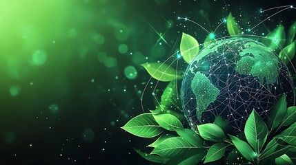 Eco-Friendly Earth Surrounded by Lush Green Leaves and Digital Connections : Generative AI