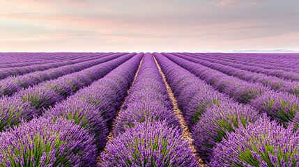 Obraz premium A serene lavender field stretches across the horizon, showcasing vibrant purple rows under a soft pastel sky.