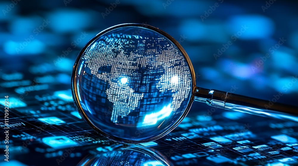 Poster magnifying glass focused on digital world map with blue technology background lighting : generative 