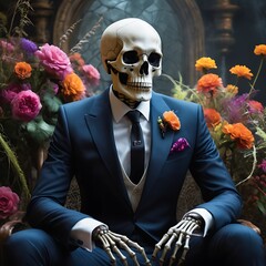 Skull in a Suit Posing Elegantly with Floral Background