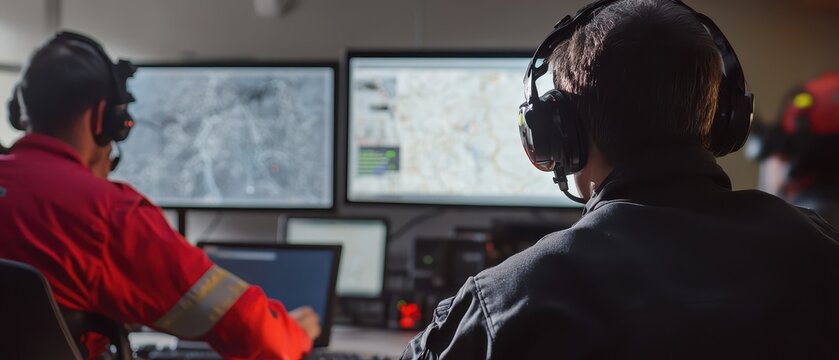 A firefighter team coordinating an evacuation during an emergency situation, showcasing teamwork and safety measures in action.