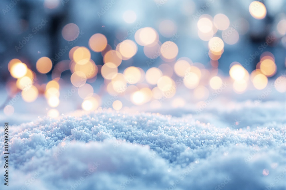Poster sparkling snowflakes close-up with blurred golden bokeh lights in the background, creating a dreamy,