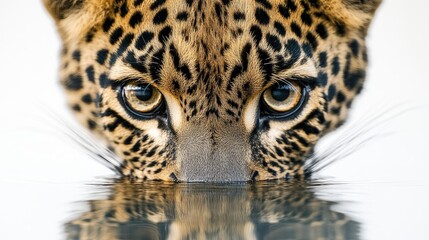 Obraz premium Close-up of a leopard's face reflected in water, showcasing its striking eyes and markings.