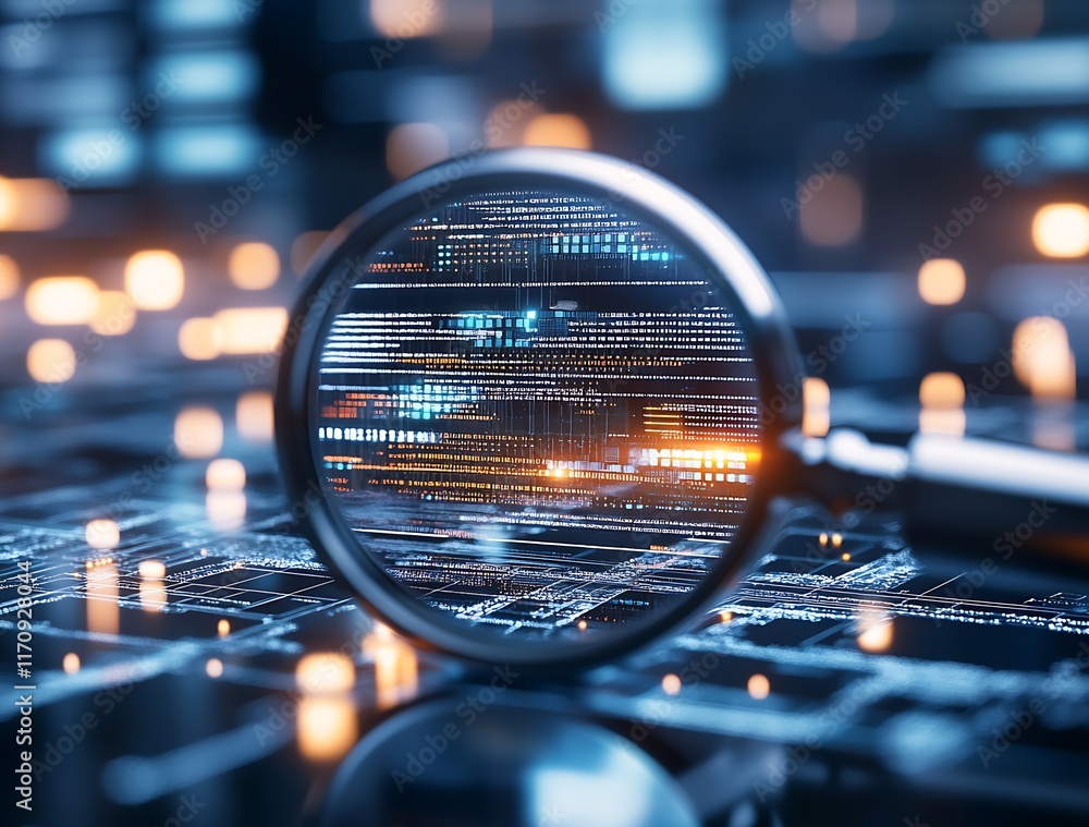 Poster Magnifying glass exploring digital data and advanced tech analytics : Generative AI