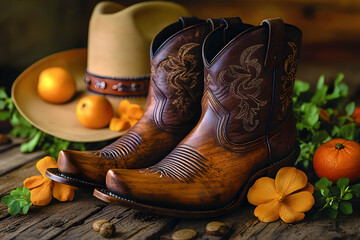 Brown leather cowboy boots with hat and citrus fruits on rustic wood.