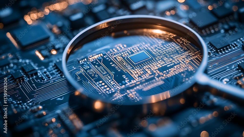 Poster close-up of magnifying glass on circuit board with microchip in futuristic blue tones : generative a