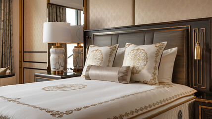 Bedroom Interior with King-Sized Bed and Ornate Headboard