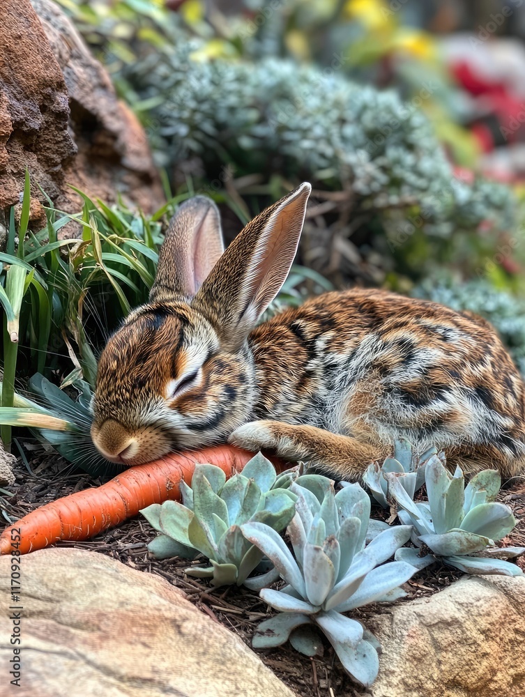 Poster A resting rabbit with a carrot in a garden setting.