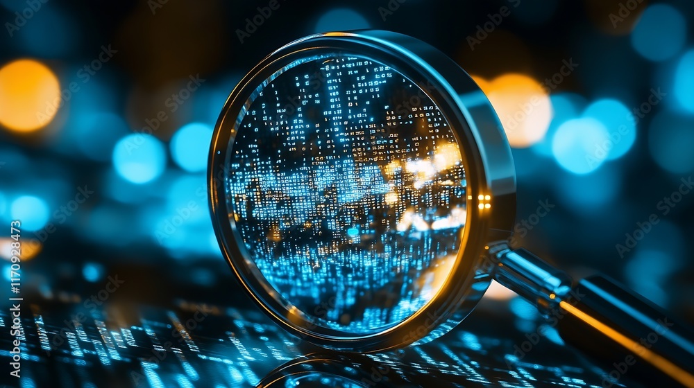 Poster Digital Data Visualization Under Magnifying Glass with Illuminated Binary Code : Generative AI
