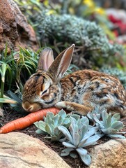 Obraz premium A resting rabbit with a carrot in a garden setting.