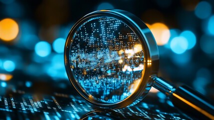 Digital Data Visualization Under Magnifying Glass with Illuminated Binary Code : Generative AI