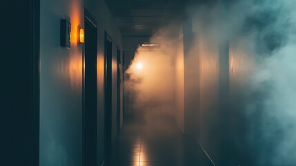 An apartment building hallway filled with faint smoke, creating a mysterious and atmospheric scene ideal for storytelling or safety-related themes.