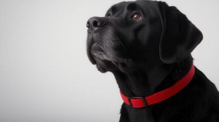 A black dog with a red collar looking up