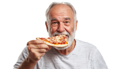 A Heartwarming Moment: An Older Man Relishing a Delicious Slice of Pizza Perfect for Food and Lifestyle Content.