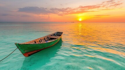 Fototapeta premium A boat floating in the ocean at sunset
