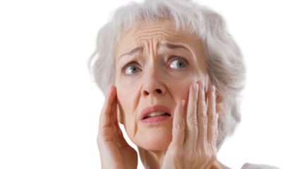 An Older Woman Expressing Concern While Touching Her Chin, Perfect for Emotional and Reflective Themes in Articles or Presentations.
