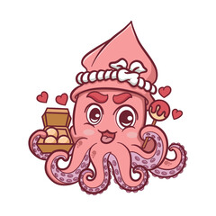 Vector cute squid character seafood restaurant logo hand drawn
