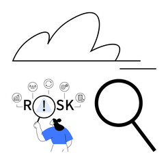 Woman examining Risk with magnifying glass, surrounded by business icons thumbs up graphs and gear. Ideal for risk management, analysis, decision-making, problem-solving, strategy planning, data