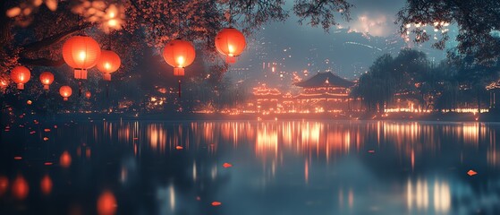 Obraz premium Chinese New Year night scene, red lanterns dangling from trees, mirrored in calm water, festive and peaceful ambiance, highly detailed, premium quality