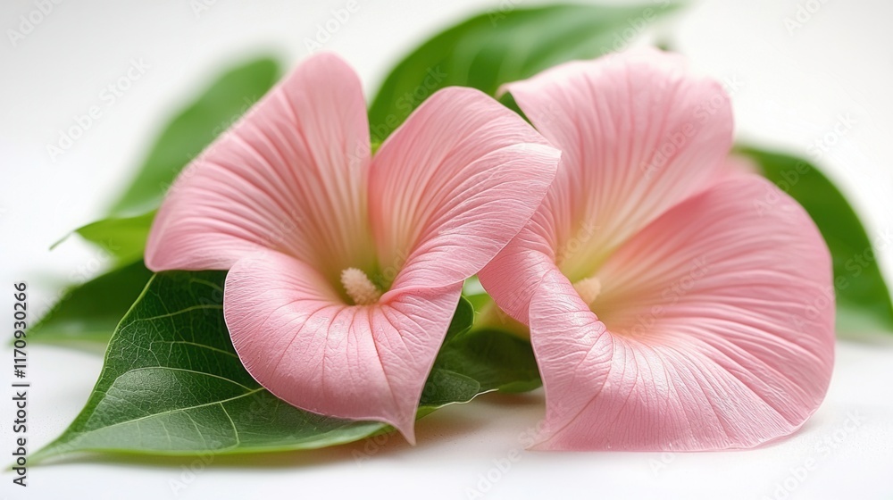 Wall mural Two pink flowers with green leaves on a white background