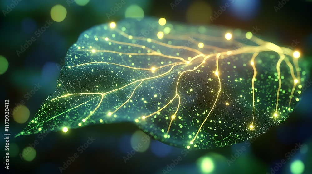Poster Futuristic Leaf with Glowing Network and Digital Light Patterns : Generative AI