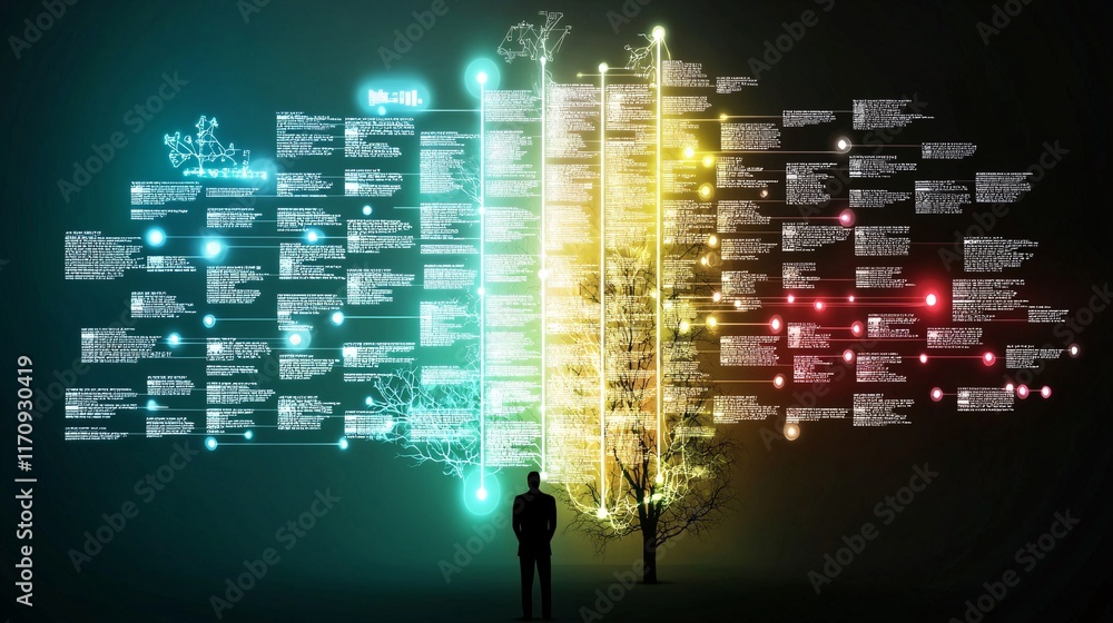 Poster investments and strategy, risk and reward concept. futuristic tree with data visualizations in backg