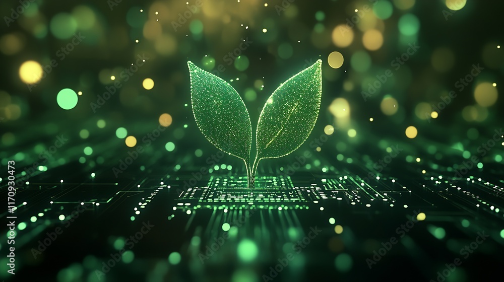 Aufkleber futuristic digital eco-friendly concept with glowing green leaf in abstract network environment : ge