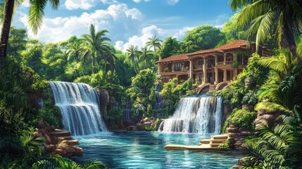 Obraz premium Tropical Mansion Waterfall Paradise Lush Greenery