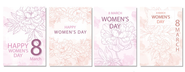 Womens Day Poster. Set of Floral Posters for 8 March. Flower design Womens Day Greeting Cards. Women Day background Templates with Floral Line Art.