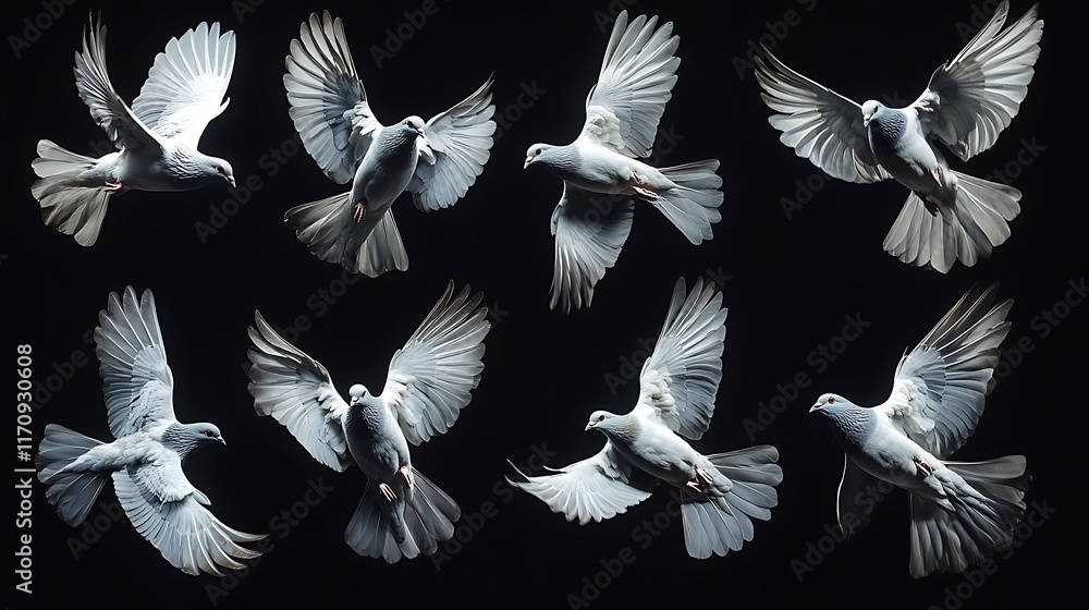 Poster pigeons motion a flock of feral pigeons in varied postures of flight with intricate wing details iso