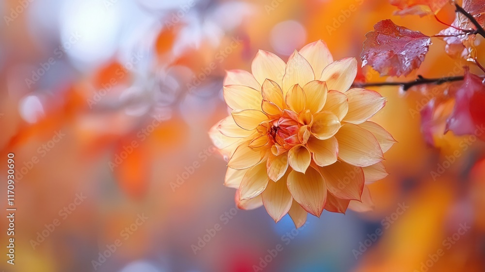 Wall mural A single yellow flower on a tree branch with red leaves