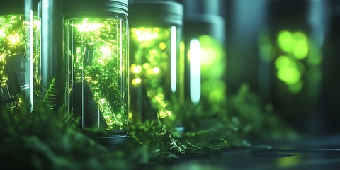 Fototapeta premium Bioluminescent Energy Core in Glass Jar Surrounded by Lush Green Foliage Futuristic Renewable Concept : Generative AI