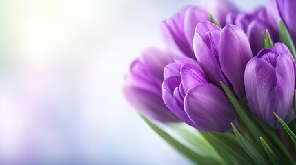 Fototapeta premium A bunch of purple tulips in a vase on a table